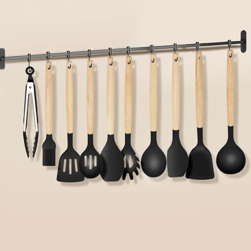 12-Piece Silicone Kitchen Utensils Set with Wooden Handle, Non-Stick & Heat Resistant Cooking Utensils (446°F), Includes Spatula, Spoon, Turner, Tongs, Whisk, Great for Home Cooks-Black by FunSiltasy - Used condition - Image 7