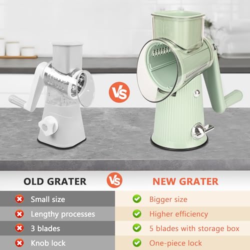 Image of Cheese Grater With Hand Crank Countertop For Kitchen，Grater Shredder With Handle For Kitchen Rotating，Vegetable Slicer，Nuts Grinder Cheese Shredder with Clean Brush(3 Blades Matcha Color)