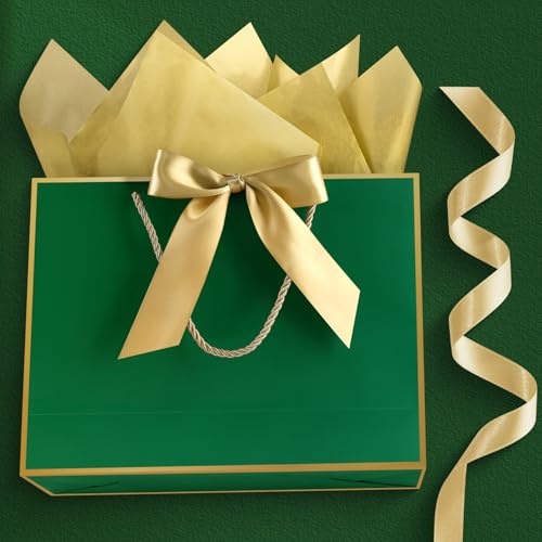 Image of JMANNI Gift Bags with Handles, 13 inch Medium Gift Bag for Presents, 1 Pcs Bags with 2 Tissue Paper and 1 Cards for Baby Shower Wedding Bridal Shower Mother's Day Birthday Party (DarkGreen-Gold