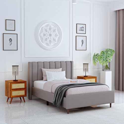 Image of Ganpati Arts Solid Sheesham Wood Emperor Upholstered Single Size Bed Without Storage and Tufted Headboard | Wooden Single Bed Cot Palang for Bedroom, Hotels and Home Furniture (Grey)