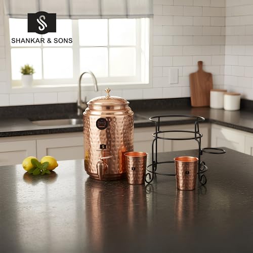 Image of SHANKAR & SONS 5 Litre Copper Water Dispenser Pot with Black Iron Stand and 2 Glasses | Hammered Texture, BPA Free, Non-Toxic with Added Health Benefits Traditional Matka for Drinking Water