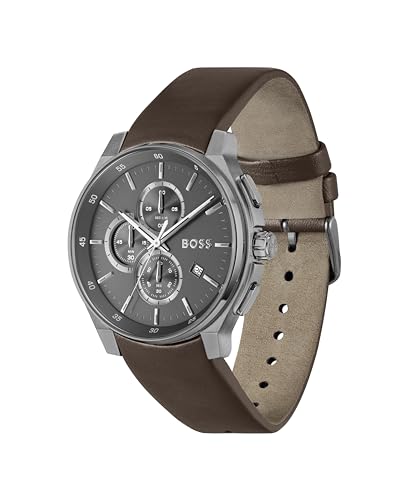 Image of BOSS Peak 2.0 Qtz Chrono Grey Round Dial Men's Watch|Brown Leather Material|Brown Color Band - 1514187