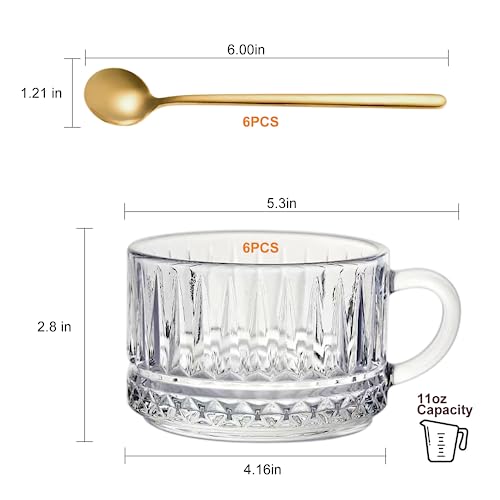 Maredash Glass Coffee Mugs With Spoon, Classic Embossed Tea Cups, Vertical Stripes Espresso Cups, Mugs For Cereal, Cholocate, Juice, Water, Yogurt, Set Of 6 #TOP1