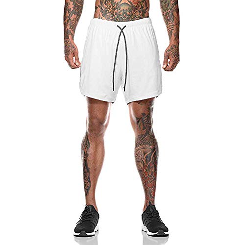 Hanerdun Men 2 In 1 Workout Running Athletic Shorts Sport Pants With Pocket White #TOP1