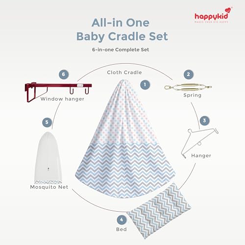 Image of Happykid Baby Cradle Set | Durable Cotton Cloth, Mosquito Net, Spring, Triangle and Window Hanger (Multi-Colour, with Bed)