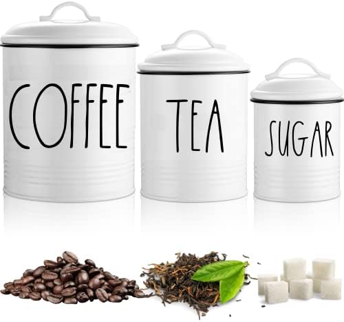 Coffee Tea Sugar Canister Set by Brighter Barns - Farmhouse Coffee Container Set - Large Airtight Food Storage Containers with Lids - Farmhouse Kitchen Decor - Coffee Station Decor & Accessories