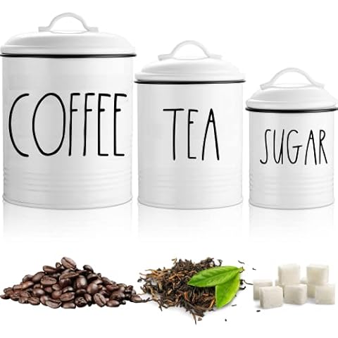 Brighter Barns Large Coffee Tea Sugar Canister Set Farmhouse Coffee Container Set - Large Airtight Food Storage Containers with Lids - Farmhouse Kitchen Decor - Coffee Station Decor & Accessories Cover