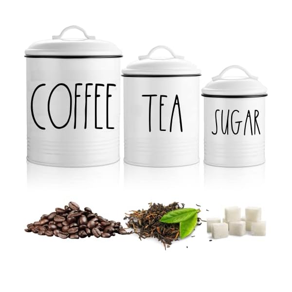 Coffee Tea Sugar Canister Set by Brighter Barns - Farmhouse Coffee Container Set - Large Airtight Food Storage Containers with Lids - Farmhouse Kitchen Decor - Coffee Station Decor & Accessories