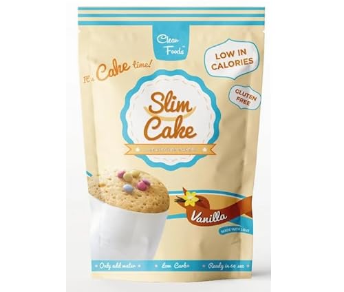 CleanFoods SlimCake Tassenkuchen Vanille 5 x 50g I Konjac Glucomannan I nur 73 Kalorien je 100g Kuchen I frei von Gluten und Zucker I in 60 Sekunden zubereitet