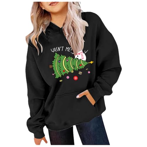 Christmas Hoodie Kids Girls Age 3-14 Years Fashion Graphic Teen Girls Christmas Sweatshirt Winter Long Sleeve Xmas Tops PuLover Cute Cartoon Comfy Casual Vacation Blouse (Black, 11-12 Years)