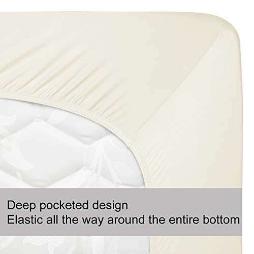 Image of Soft Stretch Queen Size Fitted Sheet Only - Jersey Knit & Cozy T-Shirt Like, 4-Way Stretchy Snug Fit & Wrinkle Free, No More Slipping Mattress Sheets - Creamy Beige, Queen