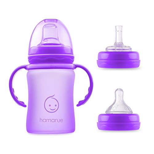 Image of Hamarue 3-in-1 Glass Sippy Cups for Toddlers | Silicone Coated Glass Baby Bottles | Non-Toxic Transition Cup for Baby with Removeable Handles | Baby Straw Cup NB+, 3M, 6M, 12M (Purple, 5 oz)