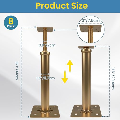 Image of 8 PCS House Floor Jacks for Leveling, 11.6 inch to 16 inch Adjustable Height Range House Jacks for Leveling, Floor Leveling Support, Screw Jack Post for Home Leveling, Basement, Porches, Roof Beams and Decks