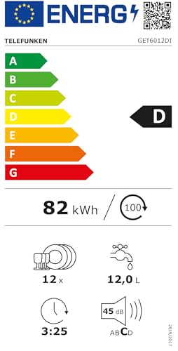 Telefunken Geschirrspüler 60 cm teilintegrierbar, Einbau Spülmaschine, 12 Maßgedecke, 6 Programme, AquaStop, Startzeitvorwahl, Auto-Door, leise 45 dB, Eco, höhenverstellbar, Besteckkorb, GET6012DI