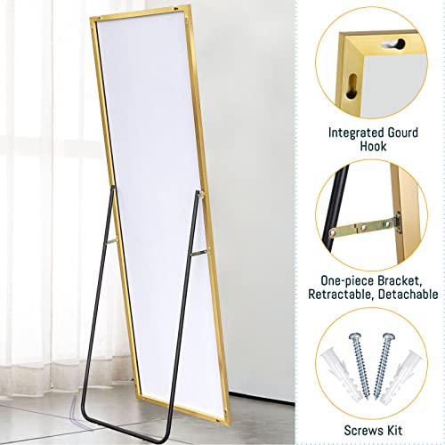 Image of NeuType 59 inchx16 inch Full Length Mirror with Standing Holder Aluminum Alloy Frame Floor Mirror Wall-Mounted Mirror for Living Room, Bedroom, Hanging or Leaning Against Wall, Golden (with Stand)