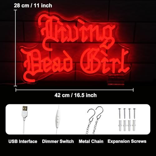 Image of Living Dead Girl Neon Sign Gothic Scary LED Light for Room Halloween Decor | Dimmable Phrase Neon Light Up Sign, Acrylic Red Letter LED Sign, Old English Font Word Neon Light, Bedroom Horror Party Decor