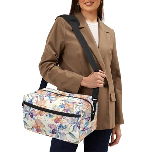 Image of Drnuikhe Watercolor Flower Yarn Bag Crochet Storage Bag with Shoulder Straps, Yarn Bag for Carrying Projects, Kitting Needles, Crochet Hooks and Other Accessories