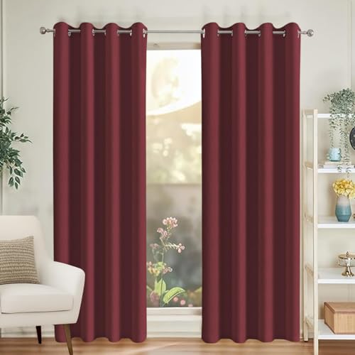 Image of HUTI Home 100% Blackout Door Curtain for Home | Heavy Solid Polyester Eyelet Curtain for Complete Light Blocking | Maroon | 7 Feet (120 x 213 cm) | Set of 2