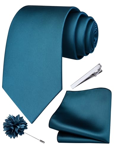 Branduce Teal Tie for Men Wedding Solid Satin Silk Blend Necktie Pocket Square Tie Clip and Lapel Pin Brooch Set (TA14-40)