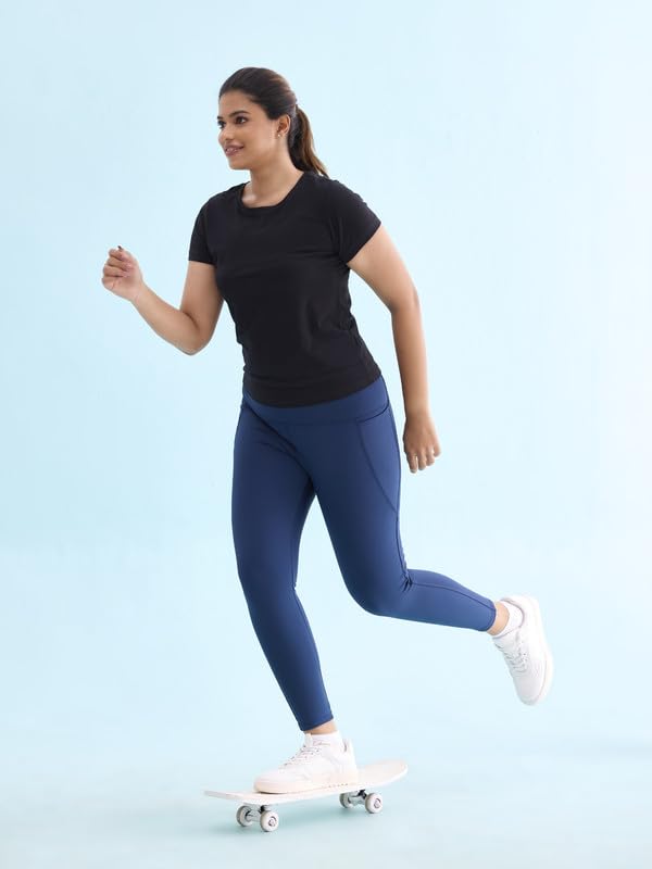 Image of GO COLORS Solid Nylon Stretch Ankle Length Training Tights | High Rise, Side Pockets