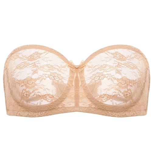 Image of DOBREVA Women's Strapless Lace Bras Unlined See-Through | Underwire, Floral Lace, Sexy, Sheer, Soft, Bow, Multiway, Comfort