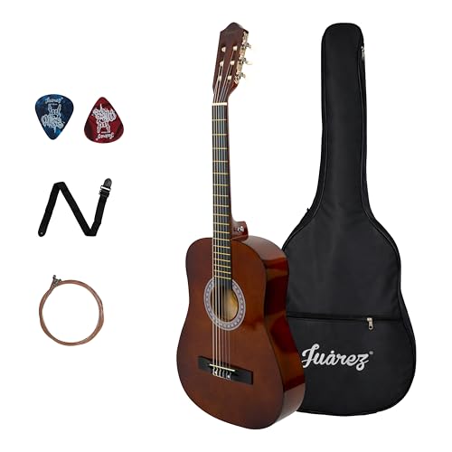 Image of Juarez 38 Inch Classical Guitar with Nylon Strings for Beginners, Finger-Friendly Full Size Guitar Kit with Bag, Picks, Strap & Extra Steel Strings for Upgrade, Brown