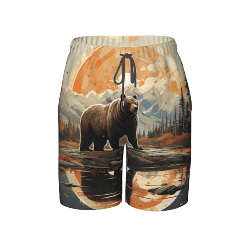 Boys Swim Trunks Beach Shorts Summer Surf Kids Youth Bathing Suits, Rustic Lodge Bear Southwestern Cabin Retro