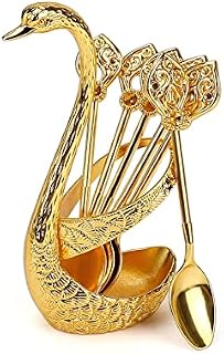 Bestcool Coffee Teaspoons, 6Pcs Metal Coffee Dessert Spoon Set Gold Latte Spoons Cake Coffee Spoon with Decorative Swan Base Holder for Coffee, Dessert, Stirring, Sugar, Ice Cream, Cake