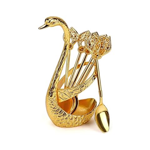 Bestcool Coffee Teaspoons, 6Pcs Metal Coffee Dessert Spoon Set Gold Latte Spoons Cake Coffee Spoon with Decorative Swan Base Holder for Coffee, Dessert, Stirring, Sugar, Ice Cream, Cake Cover