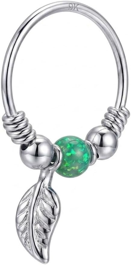 9K Solid White Gold Opal Bead with Double Plain Ball and Single Leaf 22 Gauge Hoop Nose Ring - Cartilage - Daith - Rook - Lobe - Conch Piercing Body Jewelry