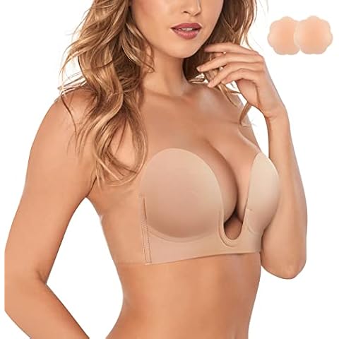Bafully Invisible Adhesive Strapless Bra Sticky Push Up Silicone Bra with Nipple Covers for Women Backless Dress (2XL, Beige with 2 Nipple Covers) Cover