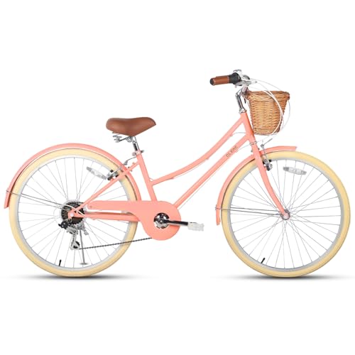 Glerc 26 Inch Beach Cruiser Bike, 6-Speed Hybrid City Bicycle for Girls Youth and Over 6 Years Old, Missy Bike with Wicker Basket & Lightweight, Peach