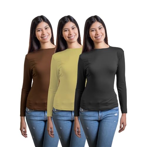 Camiseta Manga Larga Mujer Licra Pack 3u Camisetas Shirt Basica - Camisa Estilo Casual Regular Color Liso Long-Sleeve Cuello Redondo Basica Esencial Original (Pack C, S, s)
