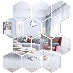 12 PCS Hexagon Mirror Stickers for Wall Decor DIY Acrylic Self-Adhesive Aesthetic Decals Wall Art Mirror Tiles for Home Living Room Bedroom Background Decoration (Silver)