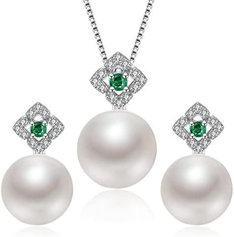 Freshwater Pearl Jewellery Necklace Earrings Set 925 Sterling Silver Pendant Necklace and Dangle Earrings Set CZ 8-10mm Wedding Bridal Jewelry Set Gifts for Women Girls Mum Birthday Anniversary