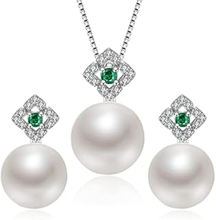 Freshwater Pearl Jewellery Necklace Earrings Set 925 Sterling Silver Pendant Necklace and Dangle Earrings Set CZ 8-10mm Wedding Bridal Jewelry Set Gifts for Women Girls Mum Birthday Anniversary