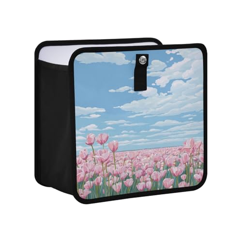 Image of Car Trash Can Organizer Bin with Adjustable Strap for Back Front Seat Console Waterproof Leakproof Collapsible Portable 11 Inch Pink Tulip Field and Blue Sky