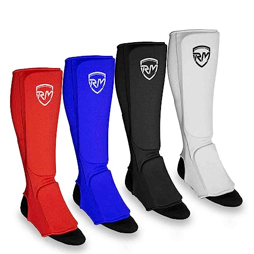 RingMaster Elastic Shin Instep Pads Leg Foot Guard Kickboxing Karate MMA Thai Martial Arts Training (Pair) (X Large, Red)