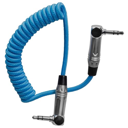 KONDOR BLUE | Coiled 3.5mm Right Angle TRS Stereo Audio Cable | 12-24 Cable Compatible with Stereo Mics, Lavs, Mirrorless Cameras, and Timecode Boxes + More | Blue