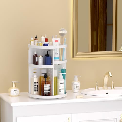 HEMTROY Makeup Organizer 360 rotating, Adjustable Skincare Organizers with Brush Holder, Cosmetics Display Cases for Vanity Bathroom Countertop Large Capacity Carousel Make up Caddy Shelf (White) — view 5