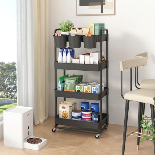 JIUYOTREE 4-Tier Plastic Rolling Storage Cart Utility Cart with Extra Hanging Cups Handles Lockable Wheels for Living Room Bathroom Kitchen Office Black - Image 3