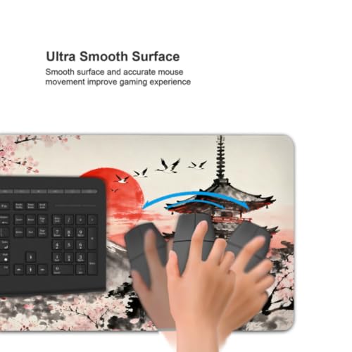 Image of Japanese Cherry Blossoms Mouse Pad 35.4x15.7 XXL Black Gray Pink Red Watercolor Design Extended Large Mousepad Keyboard Mouse Mat Desk Pad with Non-Slip Rubber Base Stitched Edges for Home Office Game