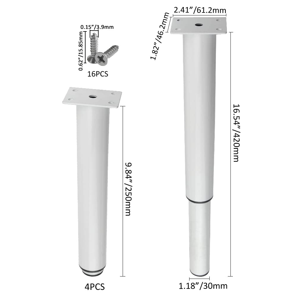 XINMEIWEN 8Pack Metal Adjustable Furniture Legs Cabinet Foot Legs Heavy Duty Bed Center Frame Slat Support Leg for Table Bed Sofa (10’’/250mm-16.5’’/420mm, White)