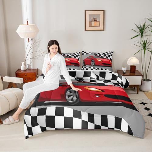 Image of Red Racing Car Comforter Set - Extreme Sports Theme Duvet Set - Black and White Grid Room Decor Quilt Set - Full Size