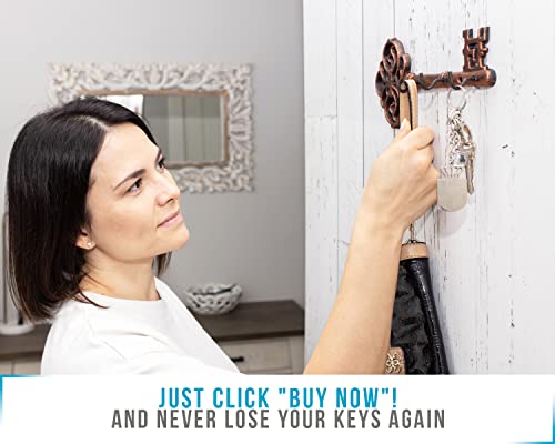 Comfify Decorative Wall Mounted Cast Iron Key Holder Rack- Vintage Key Shape Rack With 3 Hooks - Wall Mounted - Rustic Cast Iron Hanger- 10.8 X 4.7- With Screws And Anchors Copper With Black #TOP2