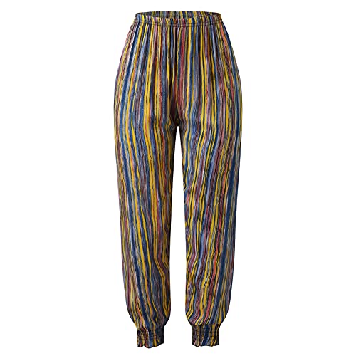 Qwent Calças casuais femininas calças de praia com estampa boêmia calças femininas rosa boca de sino