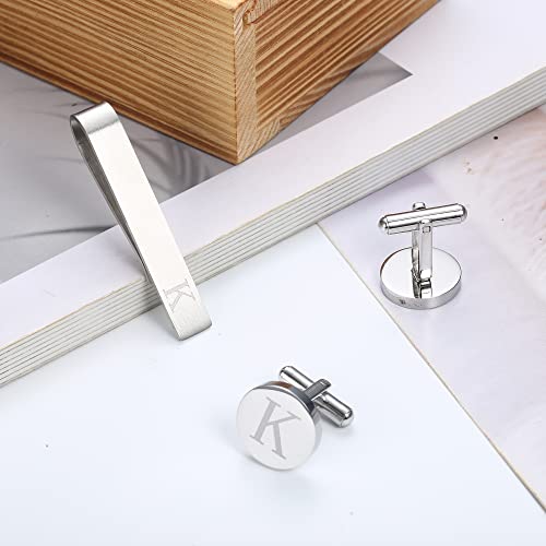 Image of LOYALLOOK Initial Cufflinks and Tie Clip Set for Men Silver Personalized Cuff links and Tie Bar Letter Alphabet A-Z Gift for Father Husband Valentine Gifts for Men