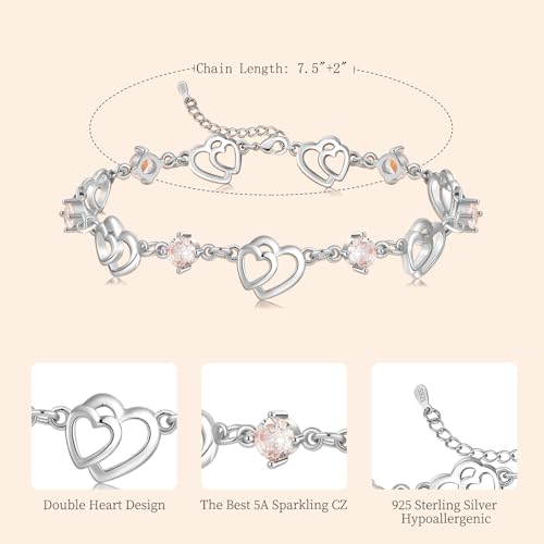 Bracelets for Women Sterling Silver Plated Rose Gold Bracelet Love Heart Bracelet Trendy Dainty Gift for Ladies Wife Bride Sister Friend Anniversary Birthday Mothers Day Valentines Gifts for Her2