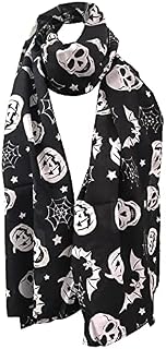 Halloween Theme Lightweight Scarf With Spooky Scary Skulls, Pumpkins,Bats Pattern