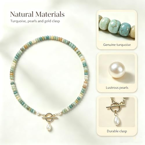 Elova Turquoise Bead Pearl Necklace Dainty Handmade Beaded Jewelry (Gold) — view 4